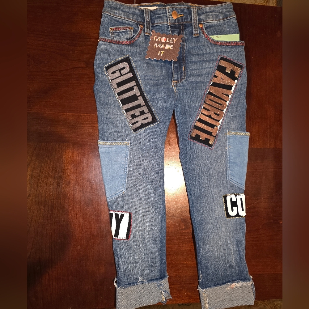 HAND CRAFTED  Girls Jeans UPCYCLED Denim Glitter Silver Gold  Embroidery Size 6